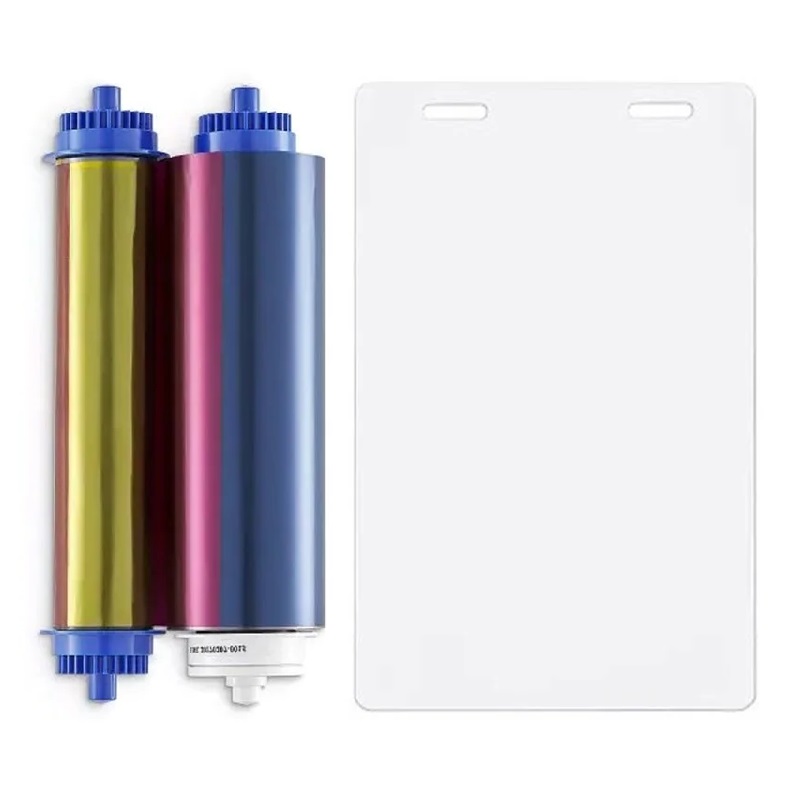 Billede af Zebra ZC10L farvebånd (YMC0) og kort med 2 ovale huller. Zebra 106000-10L2 - 400 print og 400 kort. ZEB-106000-10L2